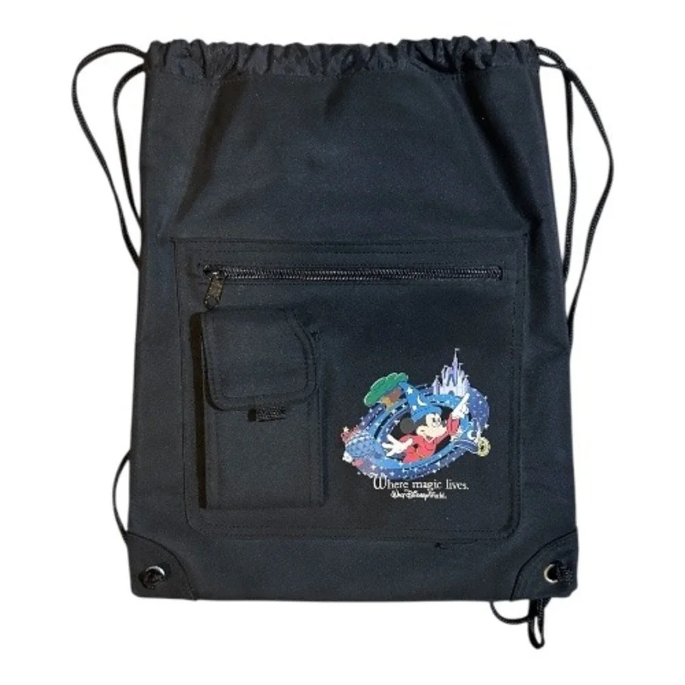 Disney World‎ Mickey Mouse Sorcerer Magic Drawstring Backpack Black Stash Bag
